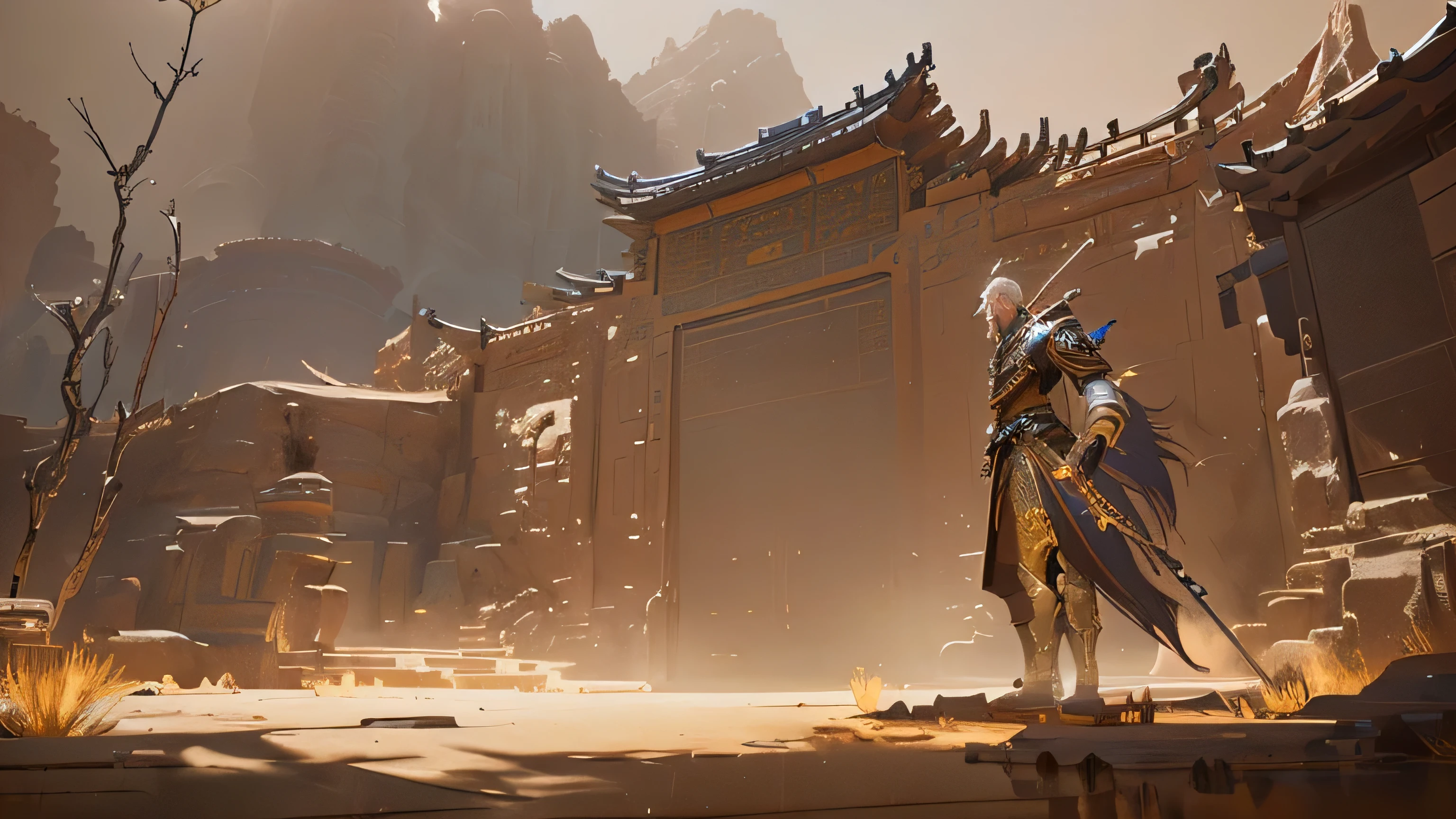  There is a man standing in front of a desert gate, cgsociety 和 fenghua zhong, Unreal Engine 5 Digital Art, epic digital Concept Art, award winning Concept Artist, Concept Art | Feng Zhu,  beautiful screenshot art ,  Unreal Engine 5 rendering Dramatic ,  Cheng Wei pan on artstation , CGSOCIETY competition winner, 4k Concept Art