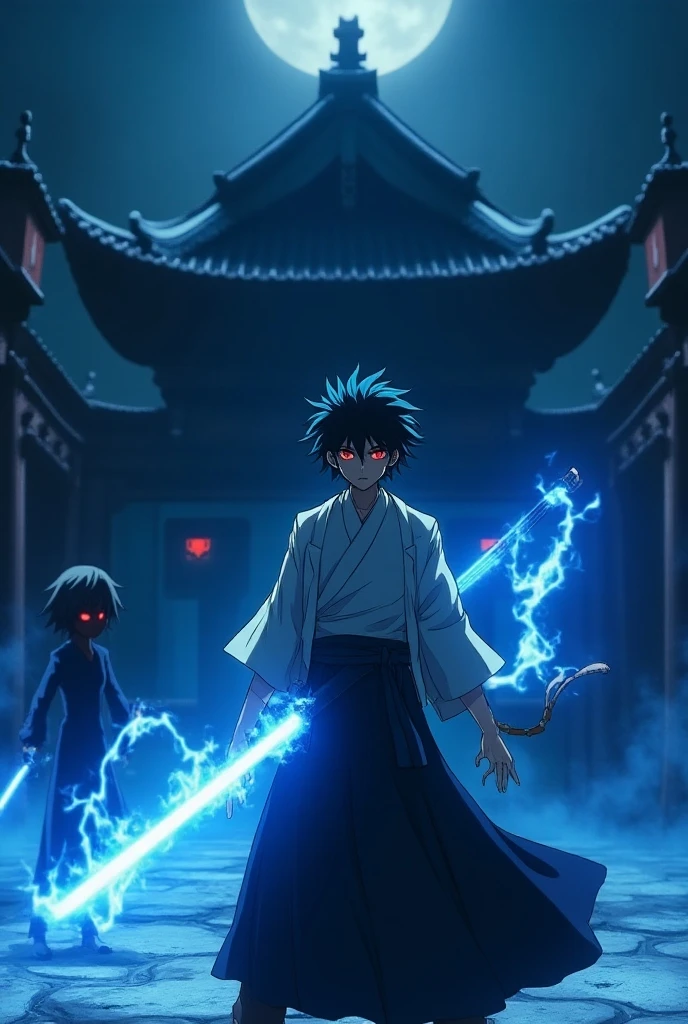 Anime with white aura katana fighting evil shadows with human shape in a japanese dojo. His old master standing in his back, looking at him proud of him