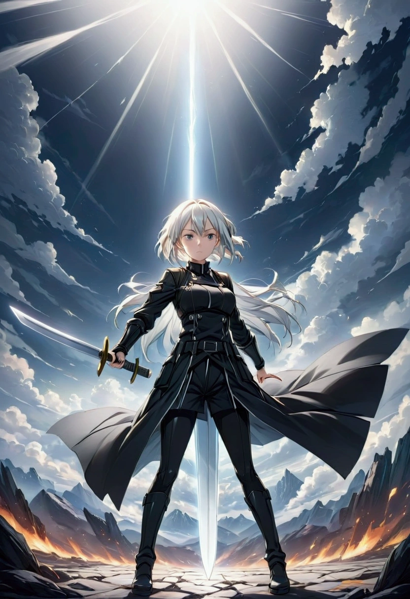Inspired by sword art online anime, 1 girl, Pure White Hair, Holding a sword, battojutsu, full body