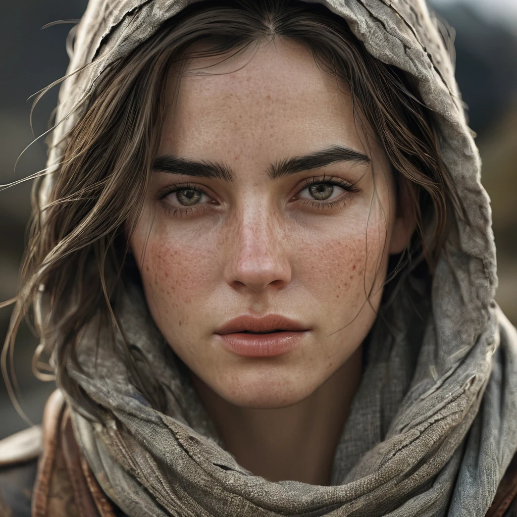 photography, cinematic, digital woman character with weathered clothing and facial features, emphasizing realism, highly detailed, very realistic   