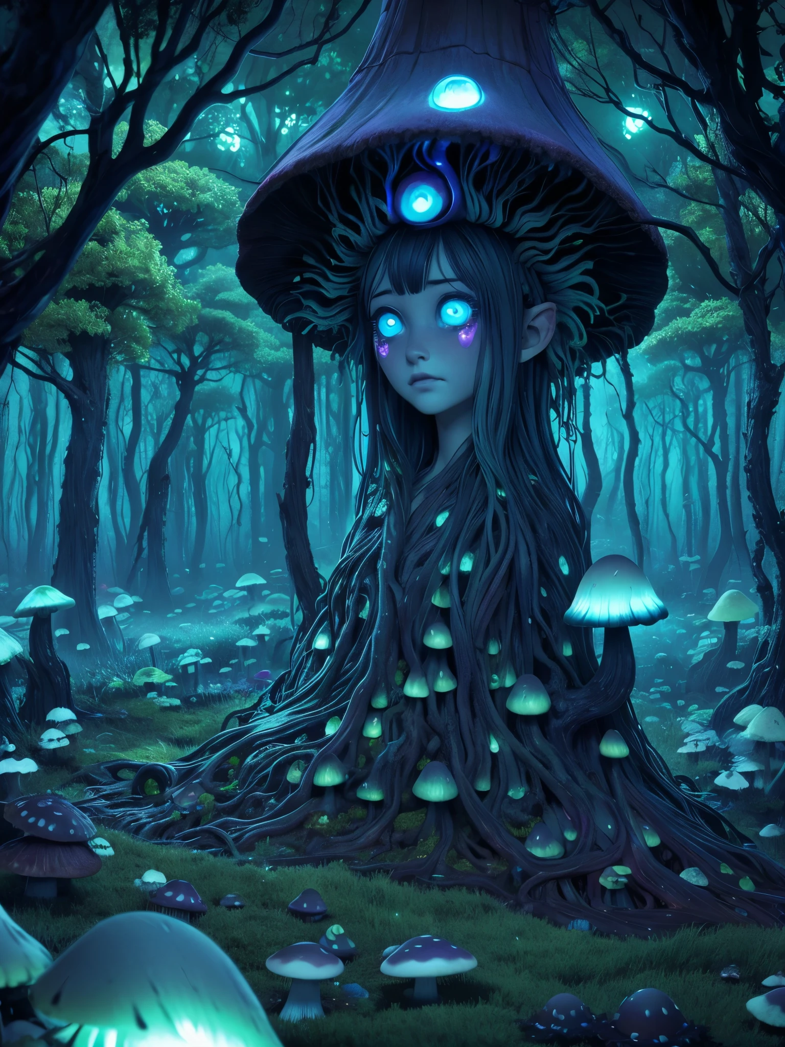 Generate images of creatures with humanoid body structures, But mainly composed of fungal elements. Its head resembles a big head, Dome-shaped crystal spring flower mushroom cap, fanciful, Colorful, Decorated with a luminous speckled pattern. Its arms are long, Flexible tendrils sprout from the shoulders, Able to be as vertical as a human hand. And not legs, It has a single, Thick, The stem is rooted in the ground. Its face is a small cluster, Bioluminescent spheres embedded in the bottom of the lid, Arranged in a way reminiscent of human facial features. photo-realism, ultra - detailed, 4K, A high resolution