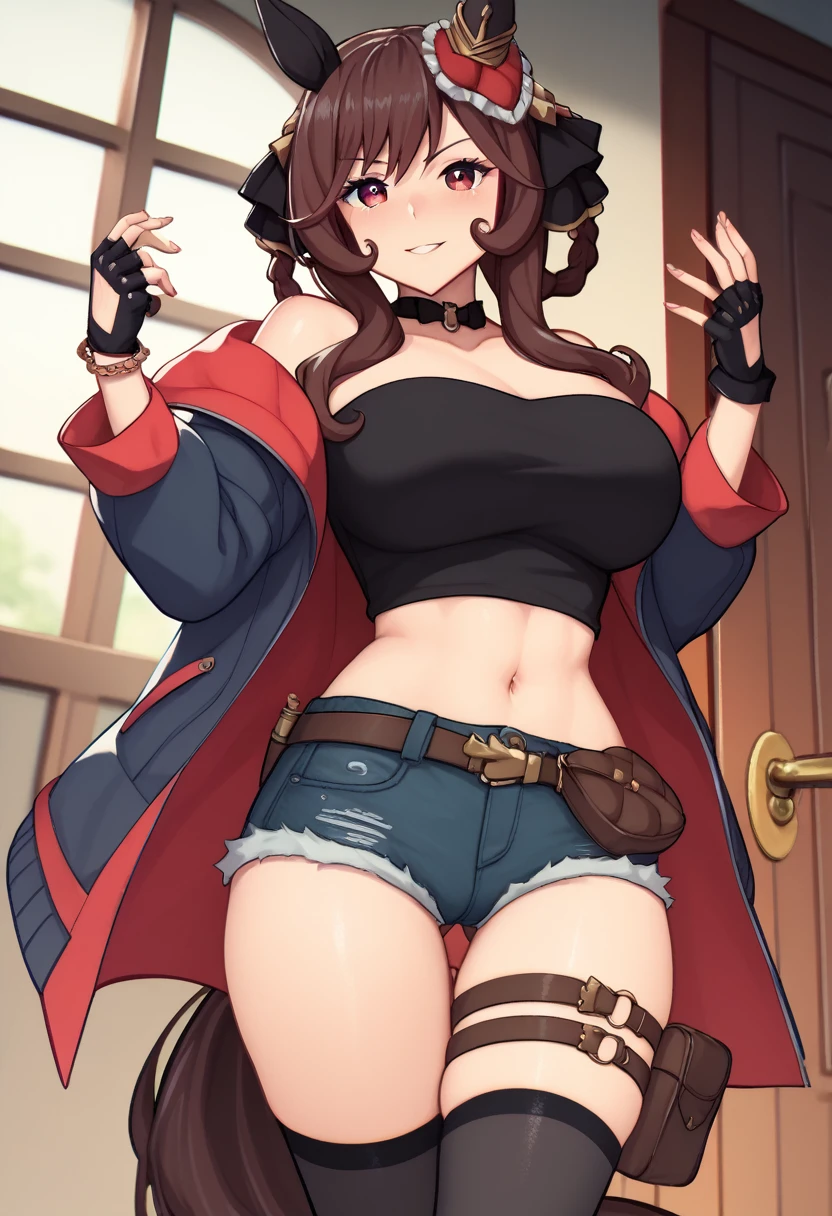 Perfect face, Perfect hands. A brown haired woman with red eyes and an hourglass figure in a Gothic conservative cowgirl is exploring an abandoned mine with a big smile