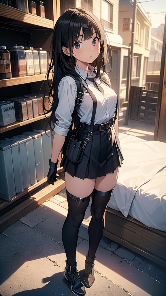 high quality, masterpiece, Ultra-high resolution, (realism: 1.4), Oil painting style, Cinema Lighting, , I stood on the empty asphalt road and looked at it., And the suspenders with the cranes flying　　Large Breasts　 　 　　　　Small face　 　　　holster　　　　　　　 Lying in bed　Looking up　　　　Sweat 　　　belt　summer　脇Sweat 　Black Hole Gloves　suit　　　　 mini skirt　garterbelt　Leg Links　ズボンにbelt　　holster　 　　Hands behind your back　 Anxious expression　Looking up　Anxious face　Knee-high　Knee socks　Knee-highソックス garterbelt　garter　ふとももにgarterbelt