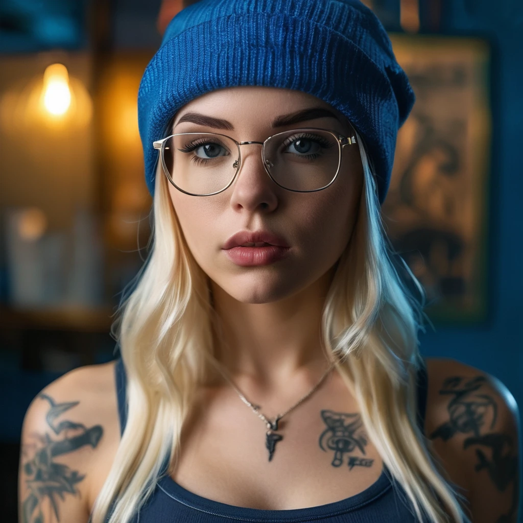 A blonde sexy girl, wearing glasses at latex shirt and a blue beanie with a tattoo, blue and white, highly detailed, sublime, extremely beautiful, sharp focus, refined, cinematic, intricate, elegant, dynamic, rich deep colors, bright color, shining light, attractive, cute, pretty, background full, epic composition, dramatic atmosphere, radiant, professional, stunning, 