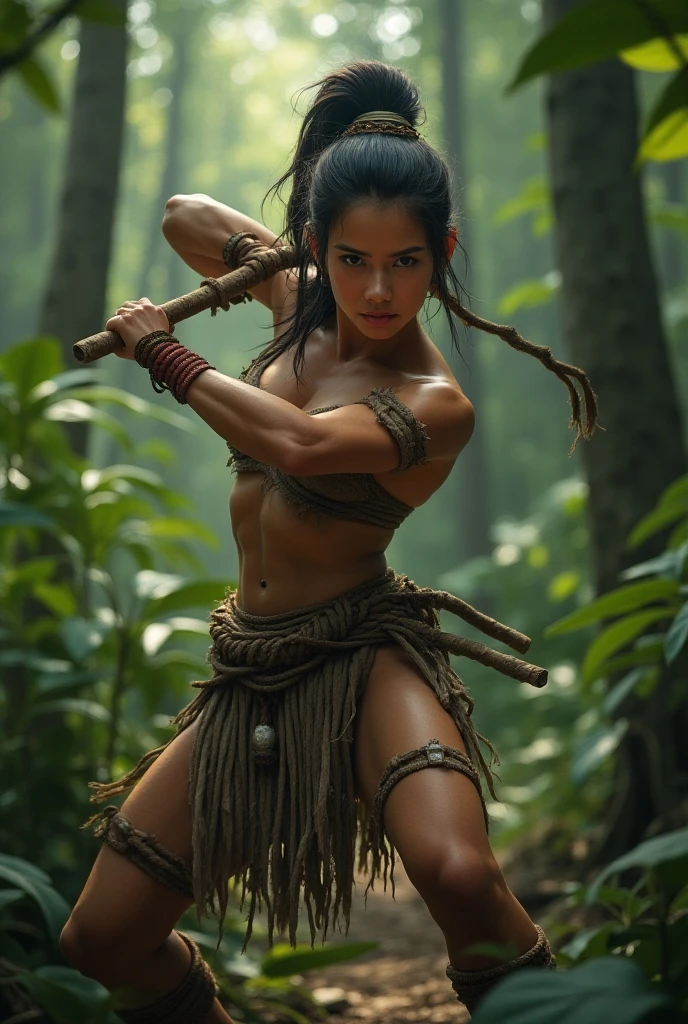 Create a photo of an ancient Thai female warrior around 30 years old, with beautiful and intense facial features, She is engaged in fierce combat on an ancient Thai battlefield, surrounded by many warriors fighting and many injured or fallen. The scene is strong and intense, capturing the power and ferocity of the warrior, ((full body)), 1 girl, alone, 1 woman, ((full body)), ((naked))
, staring at the viewer, ริมฝีปากsmall, ((Open Top)), detailed face, breast in detail, small, Ass Details, Beautiful girl with slim abdominal muscles: 1.4, Six pack abs: 1.4, Chest Botox, small, perfect athlete body, legs details, (Barefoot)
, very detailed, hyper realistic, 4K, very detailed image, realistic, Highly detailed, perfect composition, beautiful, There are complicated details., Incredible detail, Artistic photography in 8k, very detailedเกินไป, Masterpiece
, ((holding a sword)), ((The background is a battlefield.)), long distance shot, ((outdoor)), (fighting), (Many male warriors surround), violent, There are the corpses of warriors lying dead.