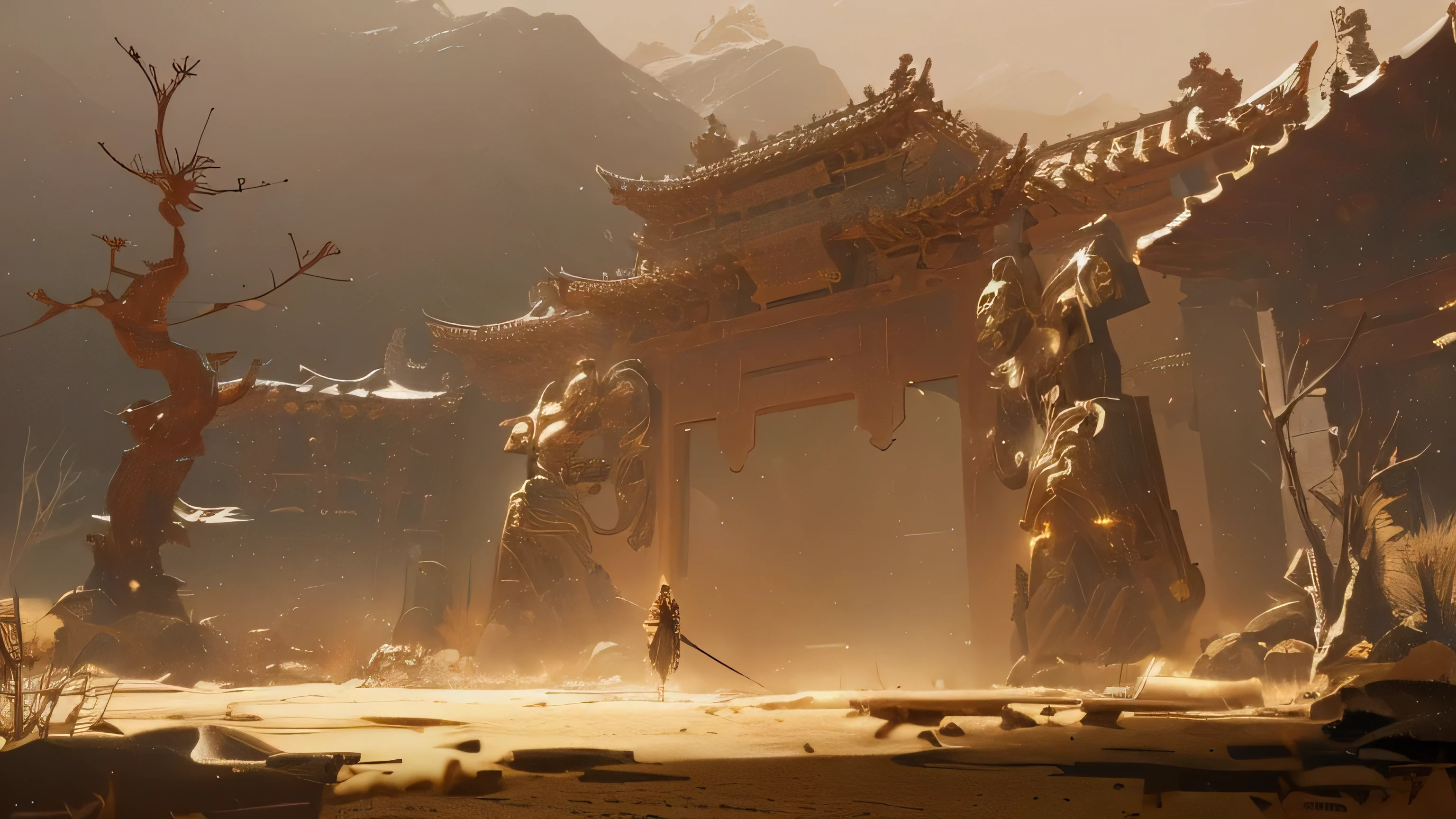  There is a man standing in front of a desert gate, cgsociety 和 fenghua zhong, Unreal Engine 5 Digital Art, epic digital Concept Art, award winning Concept Artist, Concept Art | Feng Zhu,  beautiful screenshot art ,  Unreal Engine 5 rendering Dramatic ,  Cheng Wei pan on artstation , CGSOCIETY competition winner, 4k Concept Art