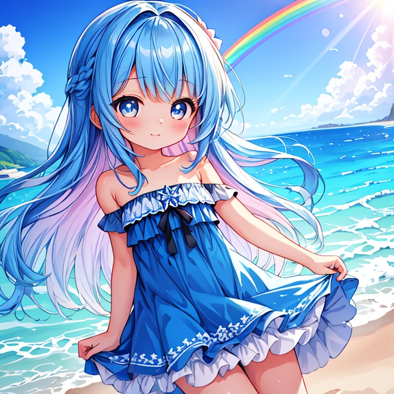 blue dress , ((hyperrealism)) . Nice,Beach background, good quality,Portrait,Center Frame Shot,strapless dress,long hair,, rainbow hair, bright eyes,,loli