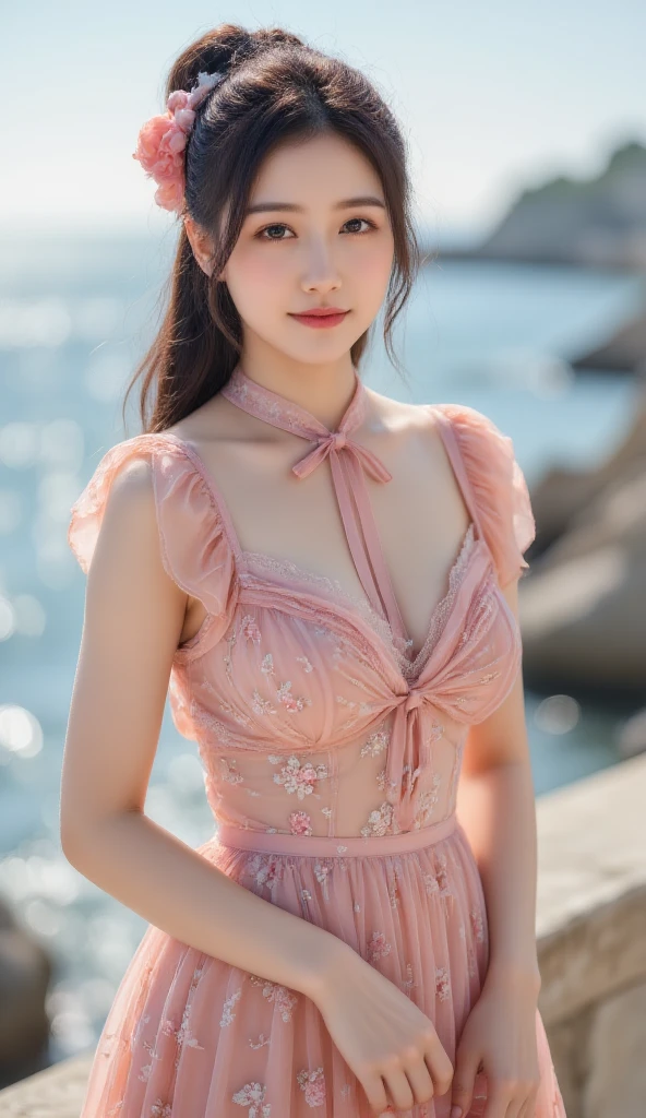  1 Nogizaka Girl 、 Very cute、 beautiful girl 、19 years old、(Gothic fashion)、 Beautiful Face ,  Fine Details of Eyes and Skin 、 Dark Shiny Hair 、 Elegant Ruffles 、荷叶边tie、tie、Rose Hair Accessory 、(Smiling at the camera)、(Cowboy shooting)、(European Sea)、Professional lighting、rest、(Practical、Photoreal:1.37)、8K、(masterpiece)、( Best Quality :1.4)、( ultra high resolution:1.2)、 (RAW photo:1.2)、(Delicate lace、Soft fabric、 Beautiful Rose Patterned Dress)、  perfect anatomy 、 4 Fingers and 1 Thumb 、Seaside background、(Wallpaper by Unity 8K)