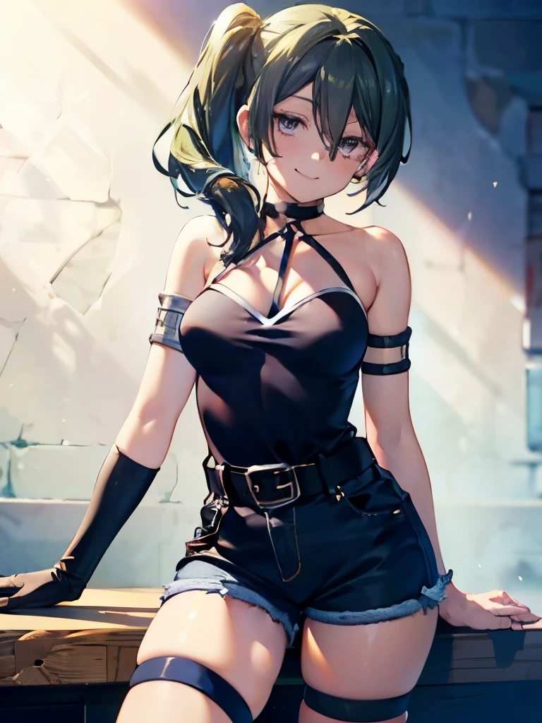 (8k, Best Quality, Best Quality, masterpiece), Yubel, Long Hair,  side ponytails , Clevis, belt, Arm strap, Single Elbow Gloves,  thigh strap , smile, denim hot shorts, Mini shorts, medium breasts