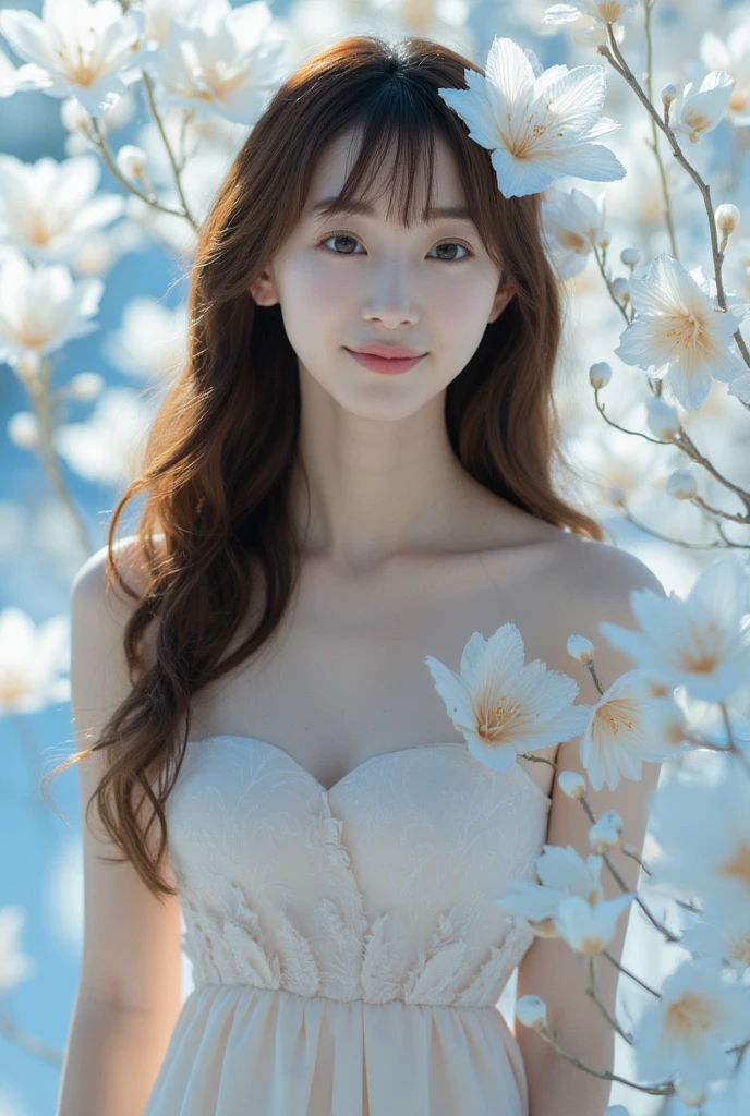 one beautiful women, ((grinning)),Skinny Japanese young woman,)),Sexy, Detailed face, beautiful eyes, bangs, medium breasts, very thin waist, Light Brown wavy Hair, Faint lips, ((standing at front, Staring at the viewer,)), Beautiful Japanese woman surrounded by large ice flowers, with a flower in her hair., Lady in ice shiny flower dress , A still image of an ethereal, with frozen flowers around it, With ethereal blooming effects., punk ethereal flower, Luminous flowers, Beeple y James Jean, james jean soft light 4k, james jean soft light 4k, inspired by Yanjun Cheng, bright white aura, (White edge F.1_Ice Flower Fantasy_Surreal scene_v1.0), 
