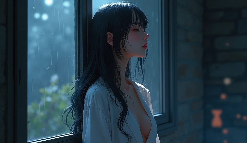 Master Painting、Optimal quality、downpour、woman、Very depressive、Long Black Hair、Are crying、Hold a headache and cry、profile、Upper Body、Black knit、Large Breasts、Asian、22 years old、Rain-soaked hair
