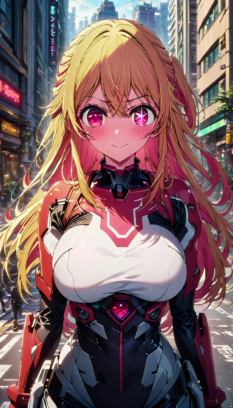 hoshinoruby, star-shaped pupils, ruby hoshino, long hair, bangs, blonde hair, pink eyes, sidelocks, symbol-shaped pupils, multicolored hair, two-tone hair, light smile, embarrassing expression, large breasts, mechanical suit, robot, city, street, looking viewer, best quality, ultra-detailed, high resolution, 8K, 