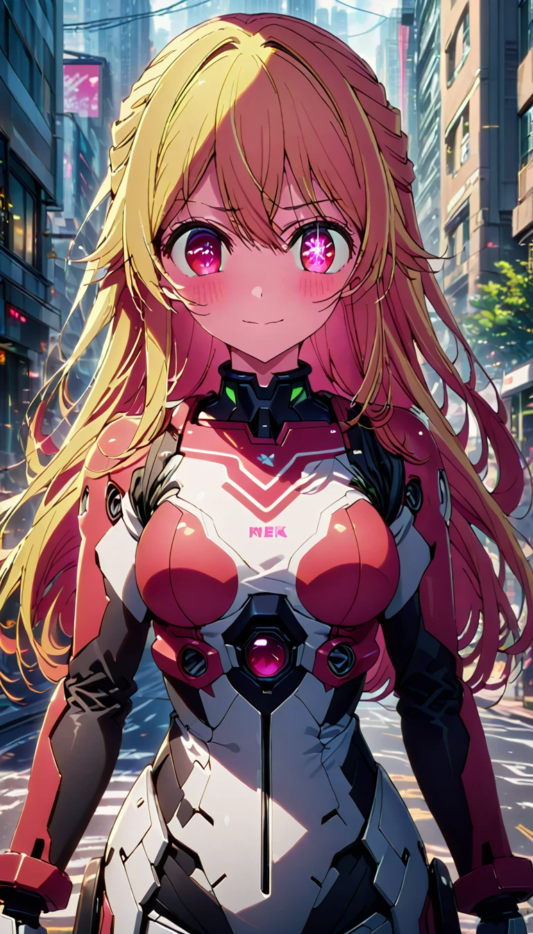 hoshinoruby, star-shaped pupils, ruby hoshino, long hair, bangs, blonde hair, pink eyes, sidelocks, symbol-shaped pupils, multicolored hair, two-tone hair, light smile, embarrassing expression, medium breasts, mechanical suit, robot, city, street, looking viewer, best quality, ultra-detailed, high resolution, 8K, 