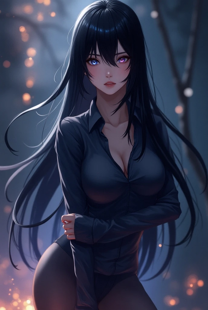 look like rimuru tempest black hair big breasts dark blue eyes shiny black coat