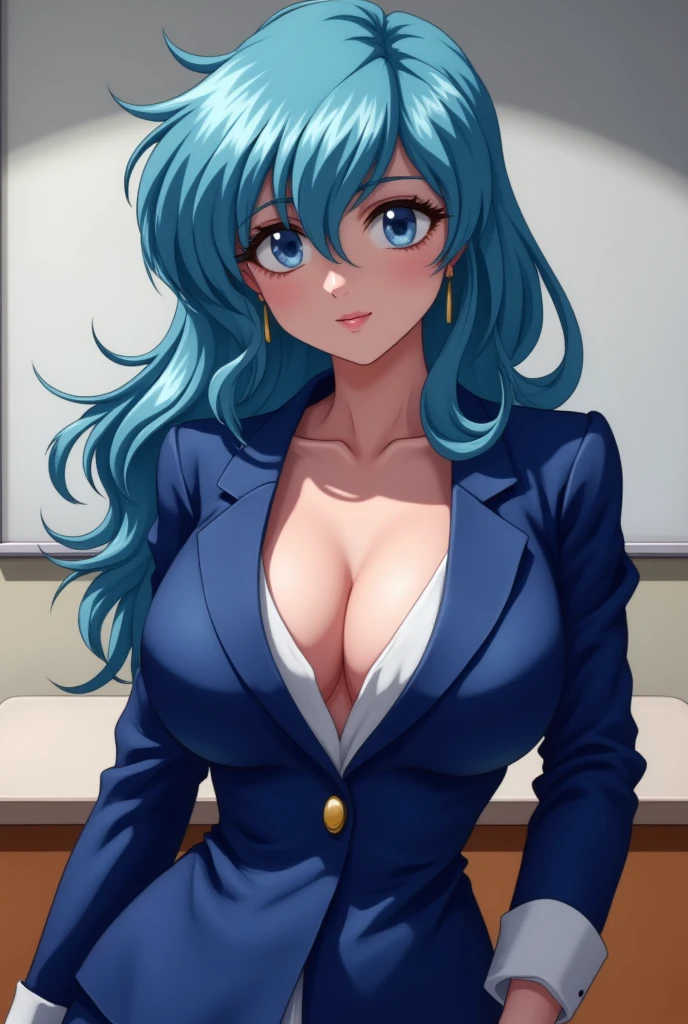 Blue Hair(穿office lady suit,,),big saggy breasts，nipple， for smooth skin，office