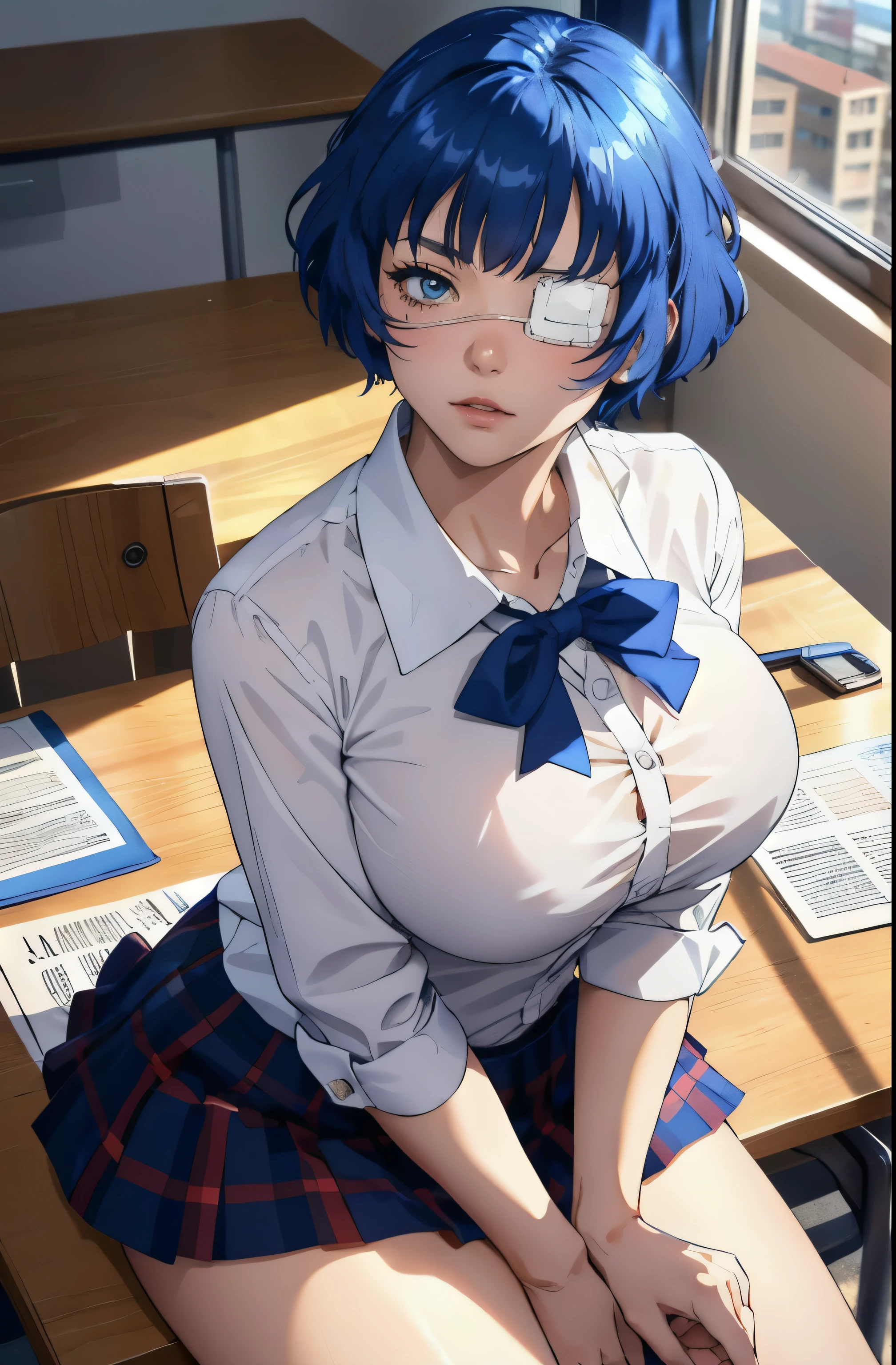 he-he-he®, (Remu Shimei, 1 girl, beautiful detailed eyes, beautiful detailed lips, extremely detailed eyes and face, long eyelashes, blue hair, short hair, (eyepatch: 1,2), blush), 1 girl,  mature woman, Beautiful Body, Beautiful nose,  Beautiful character design , beautiful eyes, perfect face,expressive eyes, looking at the viewer,  official art ,чрезвычайно подробные обои CG Unity 16k,  perfect lighting,Colorful, bright_Front_face_Lighting fixtures,shiny skin, (masterpiece:1.0),(best_quality:1.0), сверх High definition ,4K,  ultra-detailed , photo, 16K, HDR,  High definition , absurdity:1.2,  blurred background, hips:1.2, lens glare, (bright_color:1.2), (Beautiful_face:1.5),(narrow_waist), full height, at full height,  Exquisite visual effects ,  High definition , masterpiece, best quality,   big breasts, school uniform, red bow on the chest, blue skirt, white blouse, sits on the desk, flushed face, school, Class, sits on the desk, board, textbooks, Night дарит силы и красоту, viewer focus on boobs, the girl looked down at her chest, the blouse is buttoned up to the top, Night, moonlight from the window 