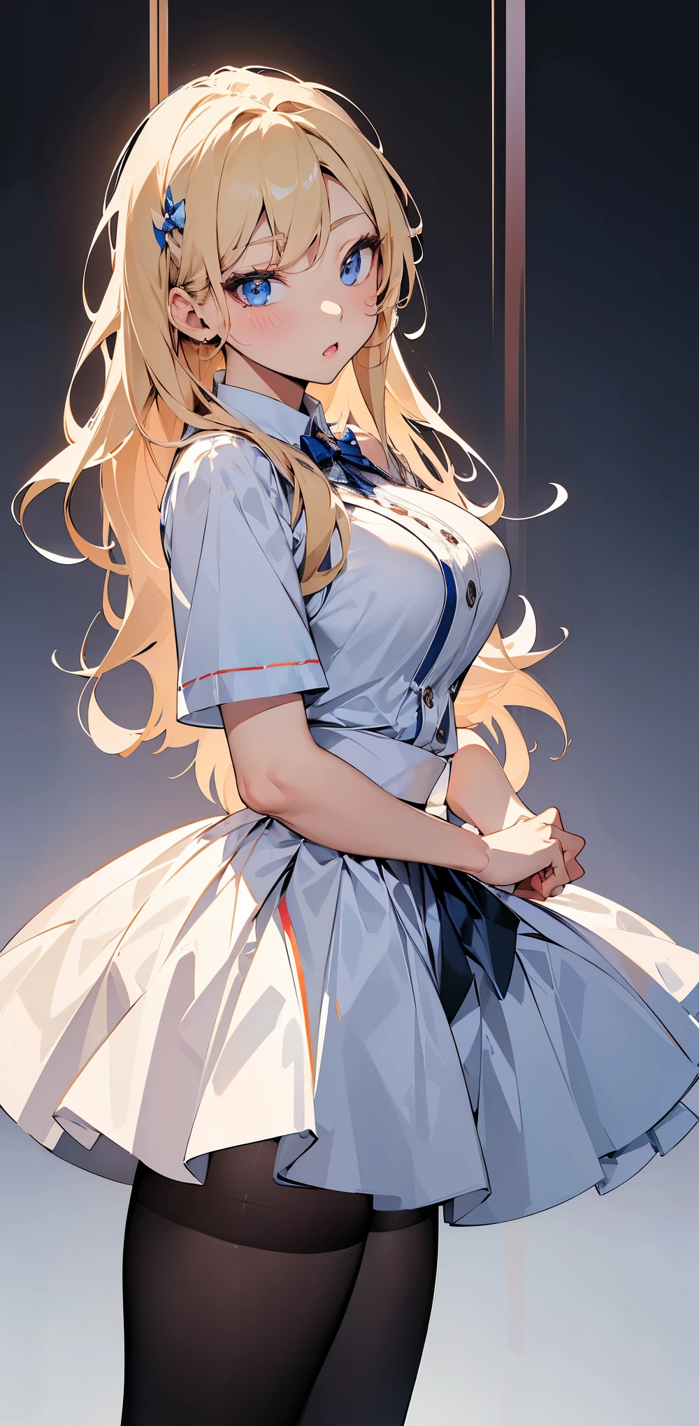 Blonde hair and blue eyes　Long Hair　Fairy　Big Breasts　beauty　cute　highest quality　Troubled face　erotic　hospital　White mini skirt nurse　slit　White Stockings　Nameplate