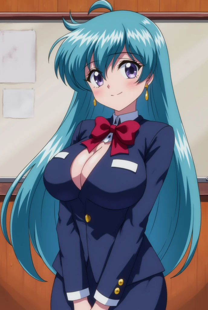 Blue Hair(穿office lady suit,,),big saggy breasts，nipple， for smooth skin，office