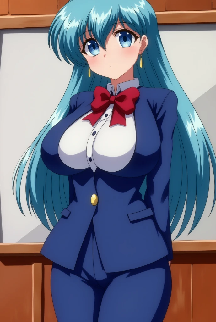 Blue Hair(穿office lady suit,,),big saggy breasts，nipple， for smooth skin，office