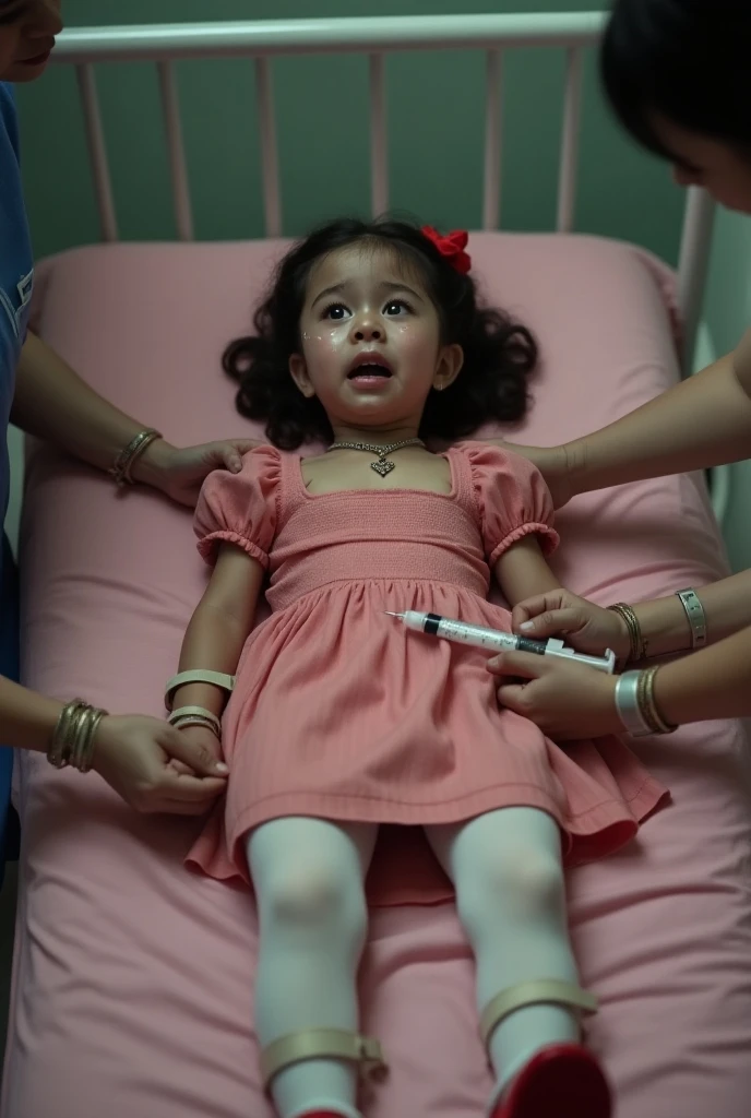 Low-income Latin American brunette girl sitting on a realistic hospital gurney that looks like a poorly-taken, low-resolution home photo