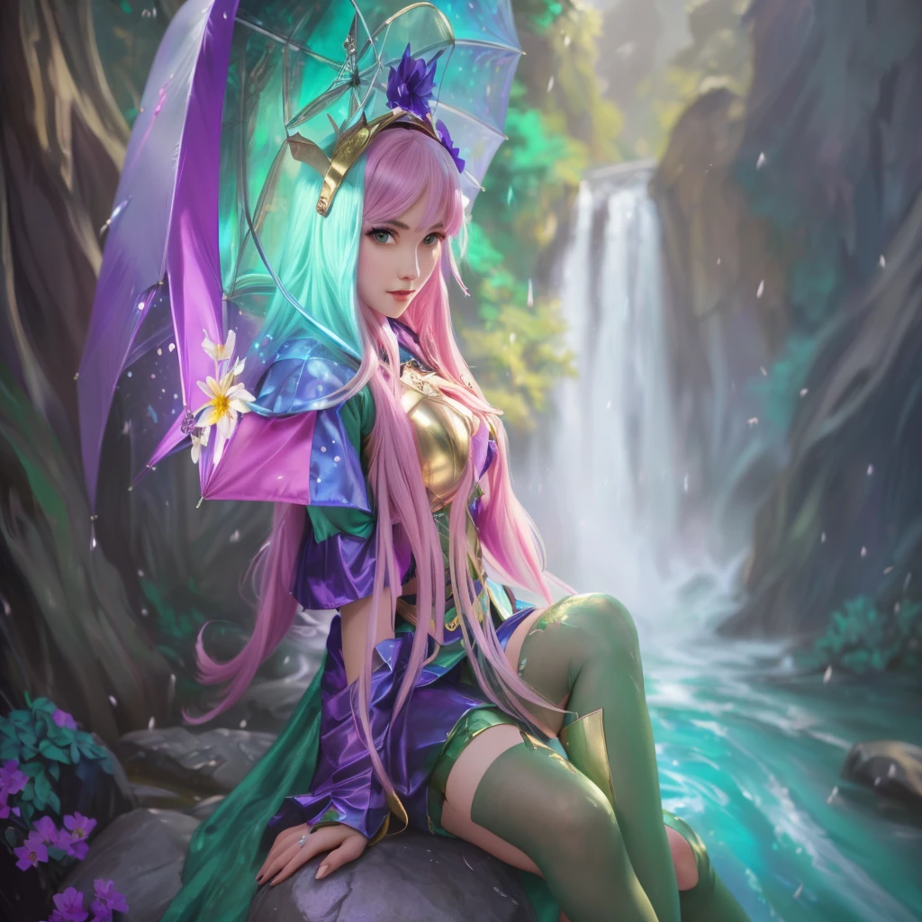 Cute girl sitting on a rock with a purple umbrella, elf girl wearing an flower suit, extremely detailed artgerm, portrait knights of zodiac girl, seraphine ahri kda, splash art anime loli, anime fantasy artwork, alluring elf princess knight, 8k high quality detailed art, artgerm lau, cushart krenz key art feminine