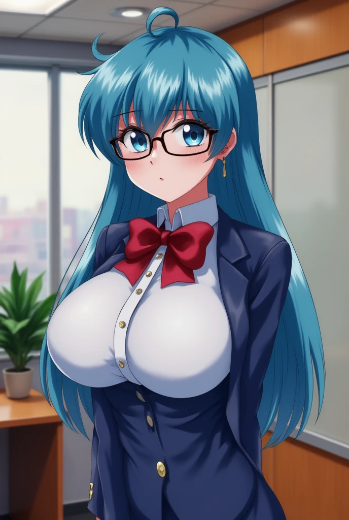 Japanese girl，Blue Hair，Glasses(穿office lady suit,,),big saggy breasts，nipple， for smooth skin，office