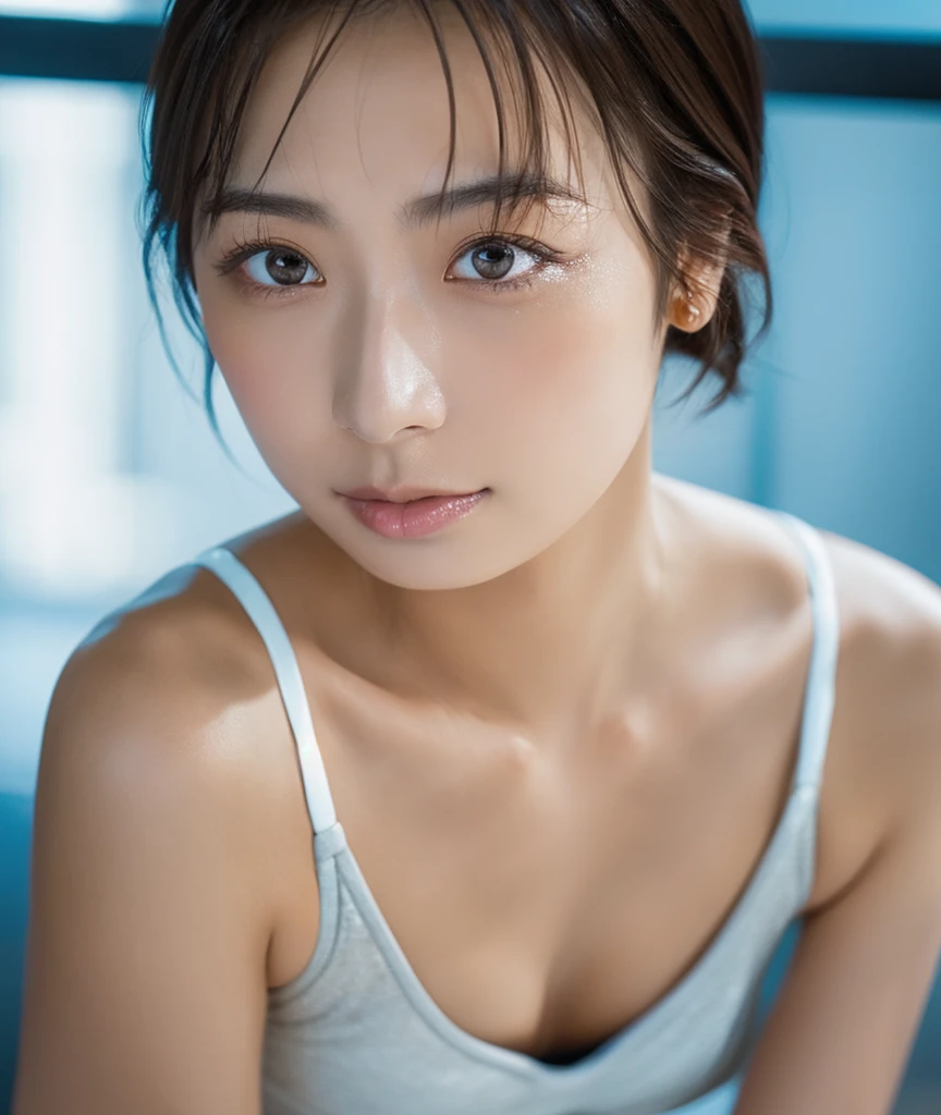 old japanese girl, short hair, Side bangs, Shiny sports bra, Track pants,  looking over shoulder , Full Body, White panties with clear facial features ,  beautiful eyes with attention to detail,  Beautiful detailed lips,  highly detailed face and eyes , Long eyelashes, Realistic, 8k, High image quality, masterpiece, Cinema Lighting, Vibrant colors, Intricate details, Elegant composition, Portrait