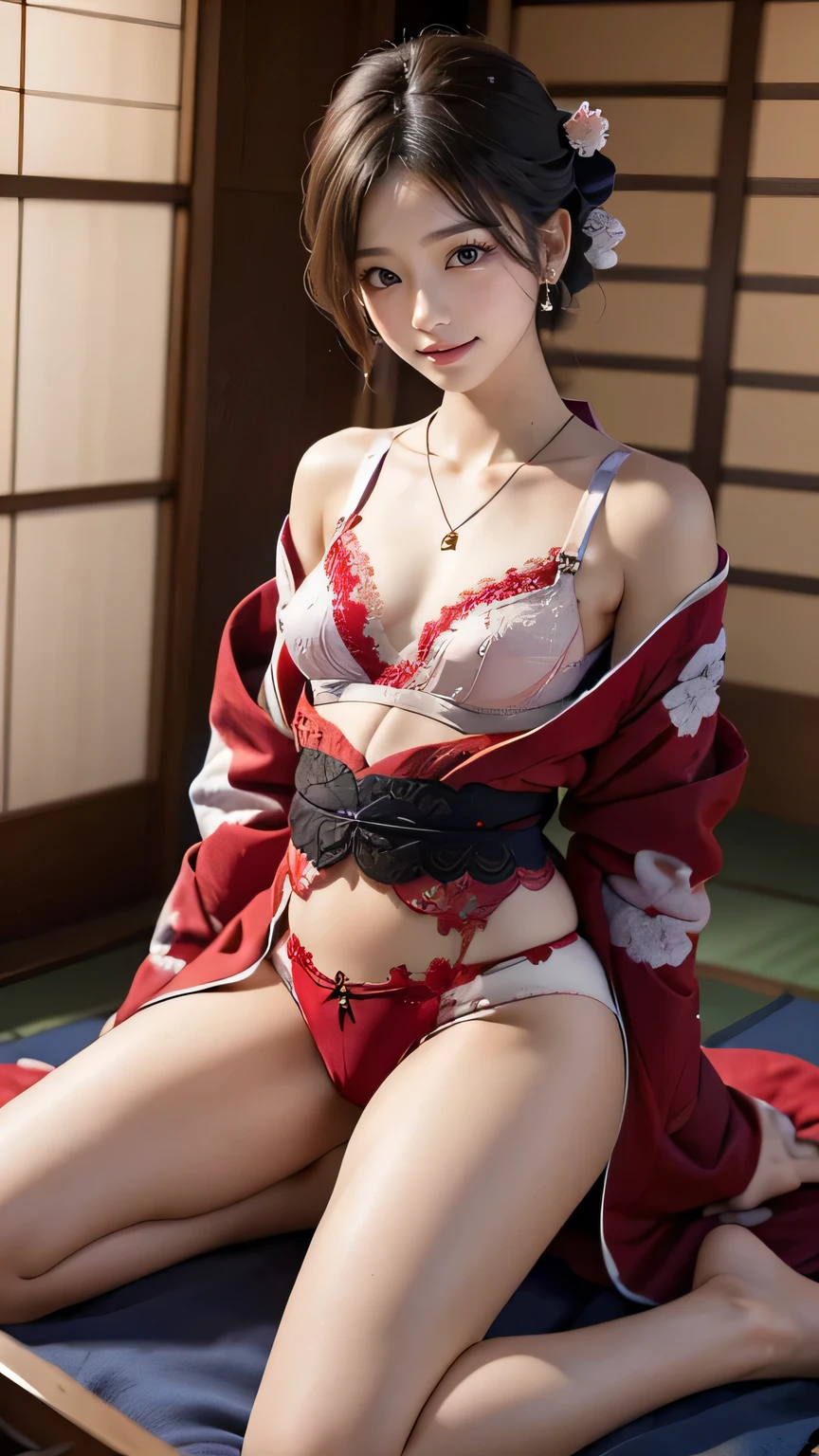 (((Best Quality))), ((masterpiece)), (detailed),((((ryokan tatami room background)))), (((((( Girl wearing elegant lace embroidered underwear under kimono)))))),  (((Red underwear:1.8))),(((Slender body,Clevis, Camel Toe ))), ((Glowing Skin,White skin,Glowing Skin)), Mysterious Light, ((((An angle that captures the face and whole body)))), (((Well-formed face))), ((Big Eyes)), ((((((Droopy eyes)))))), ((((Close your eyes)))), ((Random Angle)), ((((Accurate anatomy)))), Open your legs just a little, (Delicate thighs),  perfect makeup, eyeshadow,Earrings,necklace,(((( removing kimono)))),Open your knees,Spread your legs,Off the shoulder,(Both shoulders are exposed:1.3), Just wearing a kimono on bare skin, Half naked, Half naked, 