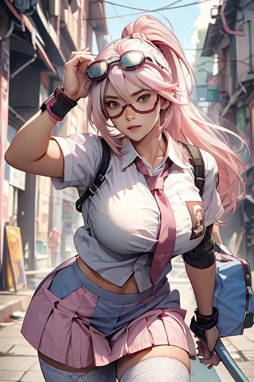 ((Masterpiece, top quality, high resolution)), ((extremely detailed CG unified 8K wallpaper)), (huge stunning goddess shot, very hot and sexy, jaw dropping beauty, perfect proportions, beautiful body, slim body beauty:1. 4), ((Close-up of Japanese high school girl on motorcycle)), wearing high school sailor uniform with red scarf, urban morning scene, (short skirt, long sleeve sailor suit, white socks), detailed skin, visible thighs, dynamic composition, speedy, Motion Blur, Blurred Background,
