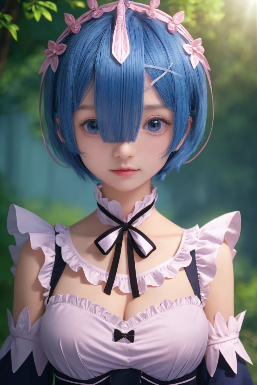 masterpiece, best quality, ultra-detailed, illustration, epic lighting, cinematic composition, colorful, sidelighting, lustrous skin, realistic, 3d face, (finely detailed beautiful eyes: 1.2), 1girl, rem_\(re:zero\),cute, medium breasts, blue hair, short hair, (hair over one eye:1.3), eyes_visible_through_hair, blue eyes, roswaal_mansion_maid_uniform, (head tilt:1.2), standing, close-up, fantasy, summer, night sky, stars, nebula, blue flowers, garden, blue roses, moonlight, peaceful, serenity, (8k:1.1),