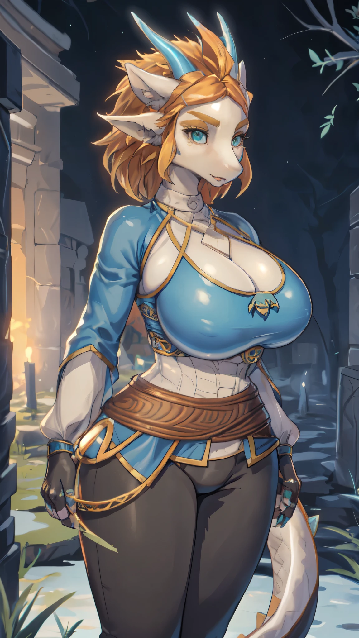 (hi res), ((masterpiece)) , ((Best Quality)), Illustration,Long Hair, dragon tail,breasts, cleavage, slim waist,lightdragon, , dragon girl, blonde hair, horns, short hair, animal ears,dragon, eastern dragon, blonde hair, gold eyelashes,lightdragon, princess zelda, dragon girl, blonde hair, horns, short hair, animal ears,botw style,(back position), (round buttocks),zelda botw outfit
((whole body:2)) {Legend of Zelda Costumes}, only {Legend of Zelda Costumes} is this ((Wearing a ninja costume, There is a round, shiny gem on his chest., Belted, Put a helmet on your head):1.5) ((Very snug fit, A round jewel on the breastplate):1.5), only {Legend of Zelda Costumes} ((Have extremely large breasts):1.8), only {Legend of Zelda Costumes} ((Watching the audience/Face with expression of hatred, Striking a brave pose with your arms raised above your waist)), only {Legend of Zelda Costumes} Have ((Green Eyes, Redhead with a very short mohawk):1.5), only {Legend of Zelda Costumes} Standing, ((In the cemetery, tonight, There are lots of ghosts near the tombstones)), anime, anime style, Cinematic Lighting, 16k, High resolution, Best Quality, (Attention to detail:1.4), 超High resolution, ((masterpiece))