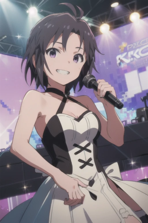 (((pixel-perfect, detail-perfect))), solo, 1girl, makoto kikuchi, costume idol, grin, singing, mic, live stage, looking at viewer, smile