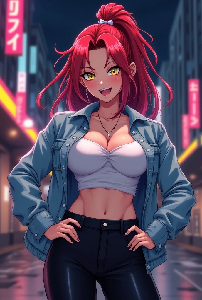 a busty girl with long dark red hair in a ponytail, dark blue eyes, wearing a ripped anime-style school girl uniform, almost showing her nipple through her ripped bra, realistic, highly detailed, 8k, ultra-detailed, photorealistic, photo-realistic, extreme detail description, physically-based rendering, masterpiece, vivid colors