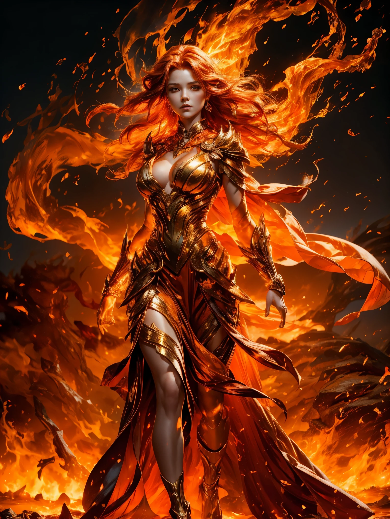 An elemental fire goddess with flowing red hair, surrounded by flames. She wears a delicate orange gown that flickers like fire, and her skin glows with a fiery light. Her expression is calm and powerful as she walks through a burning landscape.