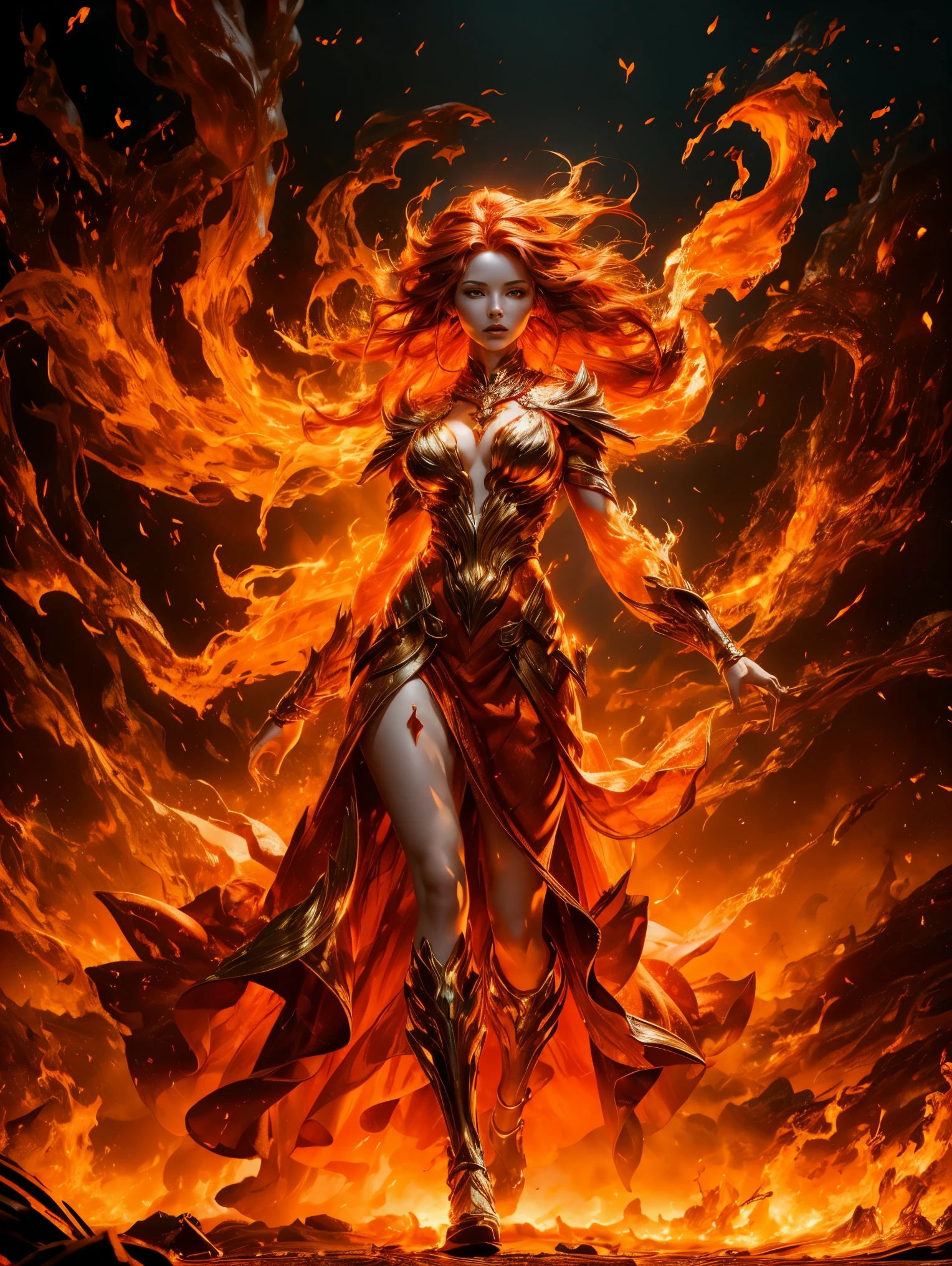 An elemental fire goddess with flowing red hair, surrounded by flames. She wears a delicate orange gown that flickers like fire, and her skin glows with a fiery light. Her expression is calm and powerful as she walks through a burning landscape.