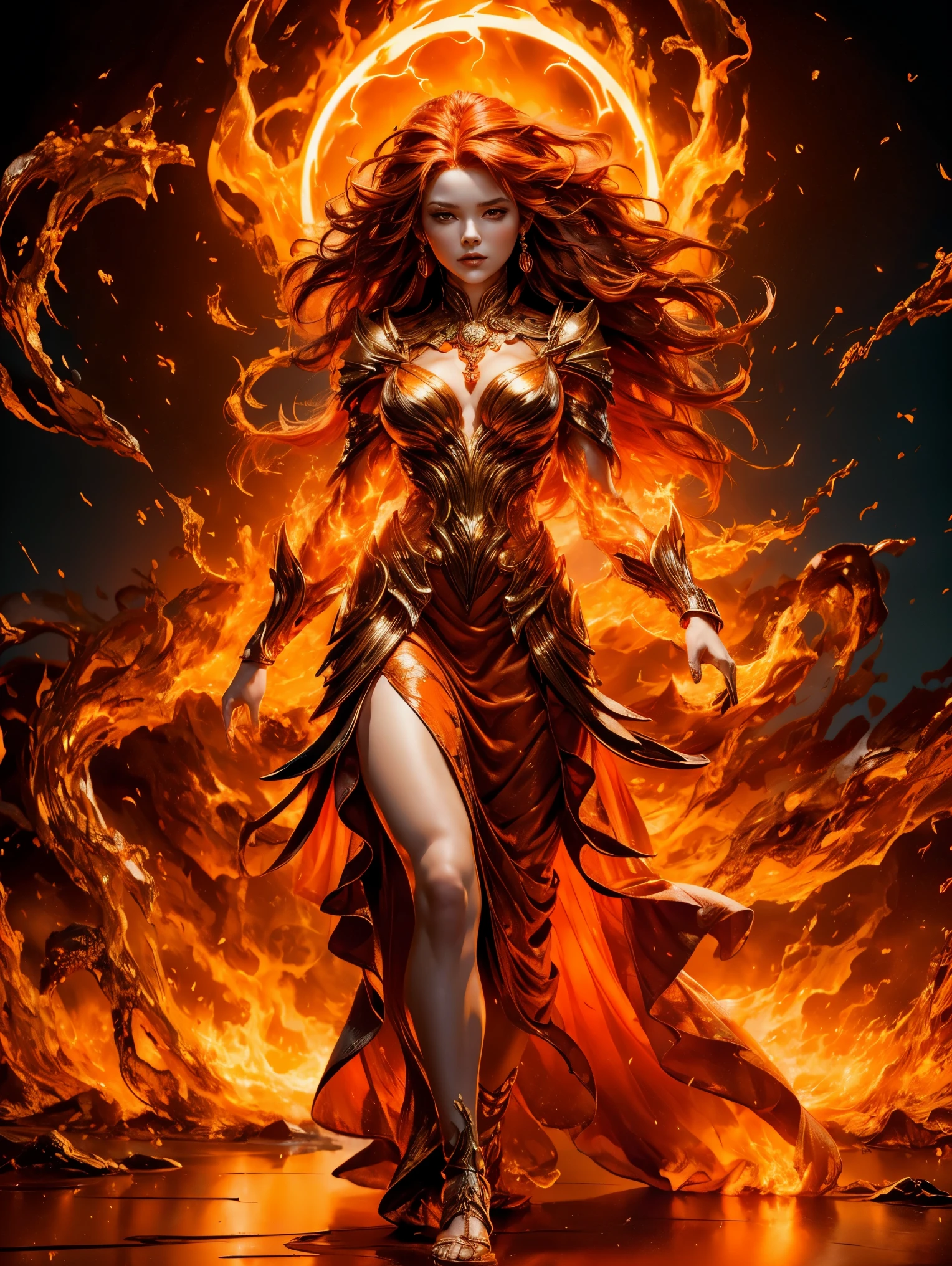 An elemental fire goddess with flowing red hair, surrounded by flames. She wears a delicate orange gown that flickers like fire, and her skin glows with a fiery light. Her expression is calm and powerful as she walks through a burning landscape.