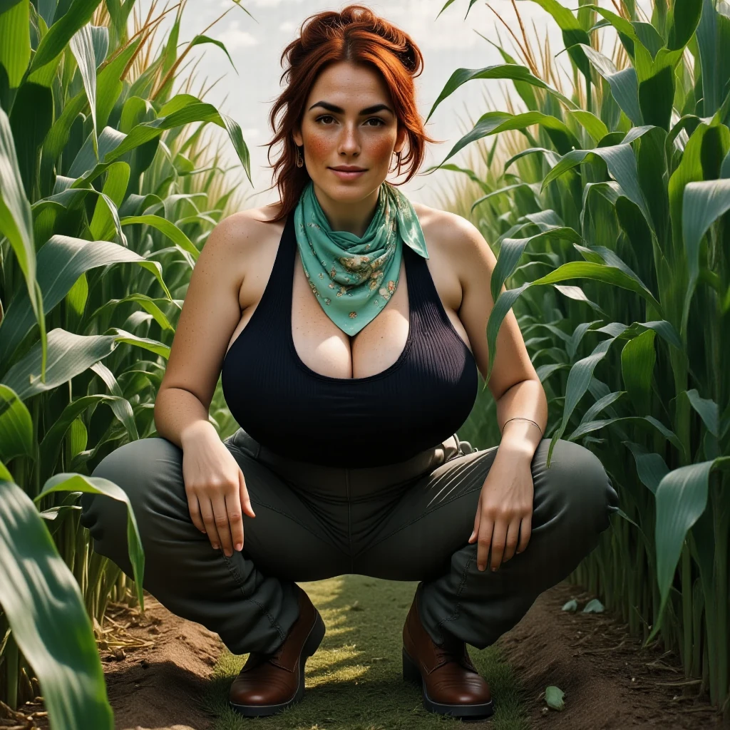 Photorealistic, cinematic style, low angle picture of a beautiful British woman crouching in a cornfield between rows of tall corn. (Dynamic pose: 1.5), (she is smiling). She has Brown eyes, downturned eye shape, light skin and freckles, reddish-brown hair, ponytail hairstyle . She's wearing a black ribbed tank top, Baggy green cargo pants, brown work boots. A mint green bandana with white flowers tied around her neck.  High corn stalks are rising up on all sides of her creating an impenetrable green wall of corn. ((Theme colour is green)). perfect hand,HDR, intricate details ,