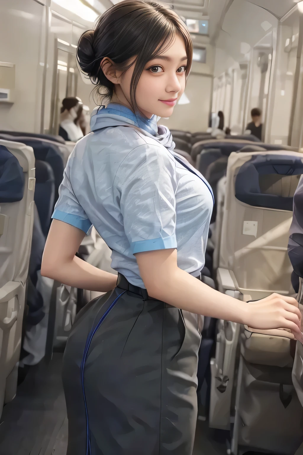 (masterpiece:1.2, Best Quality:1.2), 32K HDR, High Resolution , (Alone、1 girl)、(on board、Professional Lighting)、In-flight background、(ANA flight attendant uniform blueを着たリアルスタイル)、((ANA flight attendant uniform blue short sleeve blouse 、 ANA flight attendant uniform blue skirt with blue line on the back、Scarf around the neck))、Dark brown hair、(Long Hair、Hair tied up、Hair tied up)、Dark brown hair、 long shot、Big Breasts、Thin legs、((Great hands:2.0)),(( Harmonious body proportions:1.5)),((Normal limbs:2.0)),((Normal finger:2.0)),((Delicate eyes:2.0)),((Normal eyes:2.0)))、smile、(ANA flight attendant uniform blueを見せた美しい後ろ姿)、Hands down