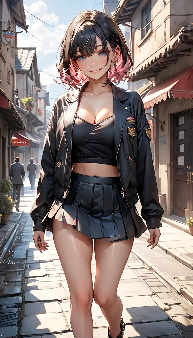 32k, best quality, ultra high res, HDR, UHD, extremely detailed CG, unity 32k wallpaper, masterpiece, highest quality, High resolution, Absurd, One girl, crowd, skirt, Pink Hair, From below, Revealing clothing, Skin dents, Outdoor, sunlight, street, View Viewer, blush,