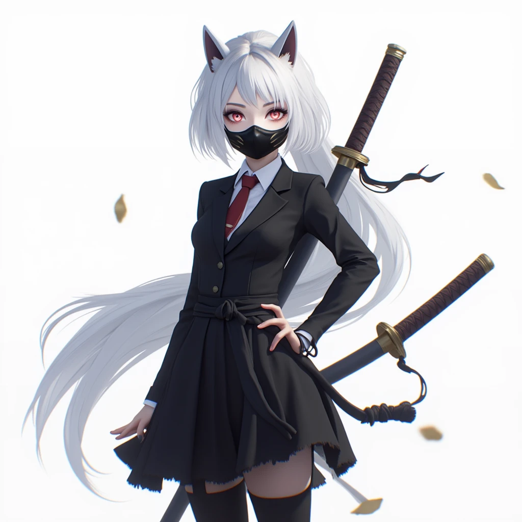 Inspired by sword art online anime, 1 girl, mask,  Pure White Hair, maskบนศรีษะ, fox mask, Black suit, skirt, On her back there is a sword in the pod ,  battojutsu, full body , 3D rendering , , looking from the bottom up.