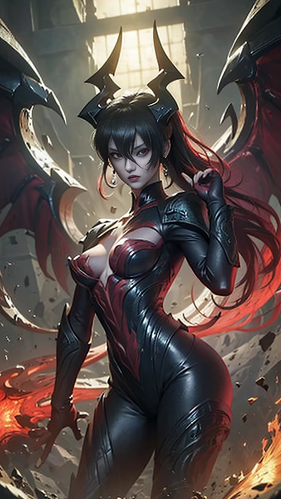 masterpiece, best quality, 1girl, elise, spidergirl, red eyes, large breasts, cleavage, black lips, makeup, eyeshadow, black eyeliner, smile, monster girl, full body, smile, possing kungfu , levitating,feets