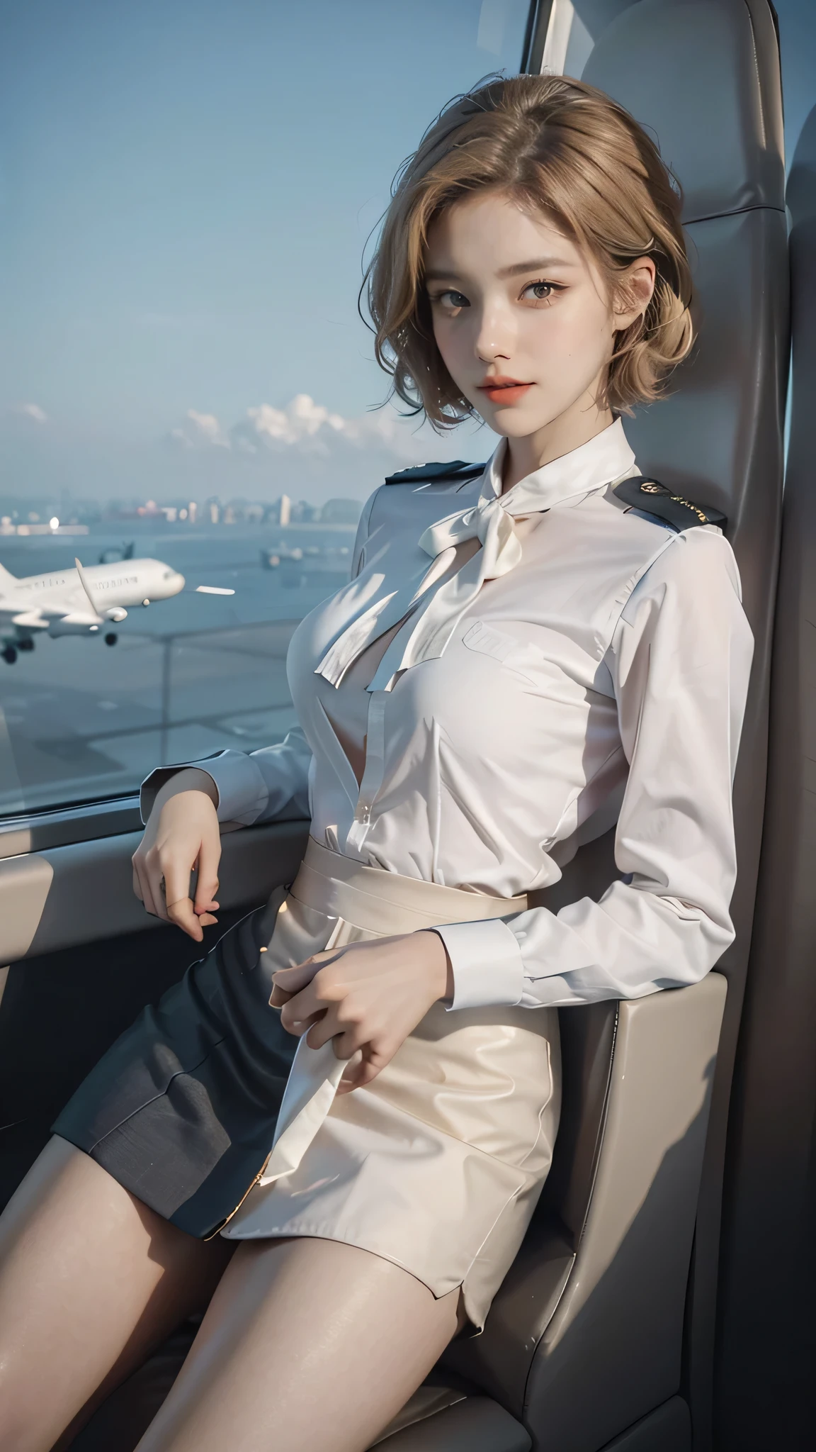 photorealistic, high resolution, soft light,1women, solo, hips up, shining skin, (detailed face), Stewardess uniform, undercut, white hair