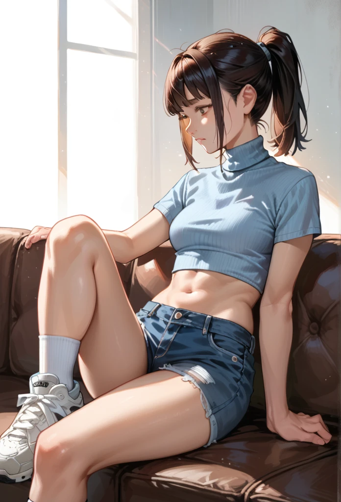 score_9, score_8_up, score_7_up, sfw, Anatomically Correct, 

portrait of 1 Thai supermodel, ponytail hair with bangs,
, turtleneck short sleeves crop top,cropped denim shorts, white socks and sneakers,
warm tones,soft lighting,sitting on a sofa 