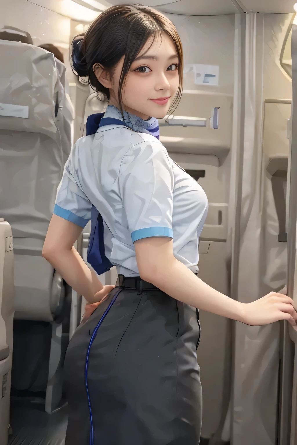 (masterpiece:1.2, Best Quality:1.2), 32K HDR, High Resolution , (Alone、1 girl)、(on board、Professional Lighting)、In-flight background、(ANA flight attendant uniform blueを着たリアルスタイル)、((ANA flight attendant uniform blue short sleeve blouse 、 ANA flight attendant uniform blue skirt with blue line on the back、Scarf around the neck))、Dark brown hair、(Long Hair、Hair tied up、Hair tied up)、Dark brown hair、 long shot、Big Breasts、Thin legs、((Great hands:2.0)),(( Harmonious body proportions:1.5)),((Normal limbs:2.0)),((Normal finger:2.0)),((Delicate eyes:2.0)),((Normal eyes:2.0)))、smile、(ANA flight attendant uniform blueを見せた美しい後ろ姿)、Hands down