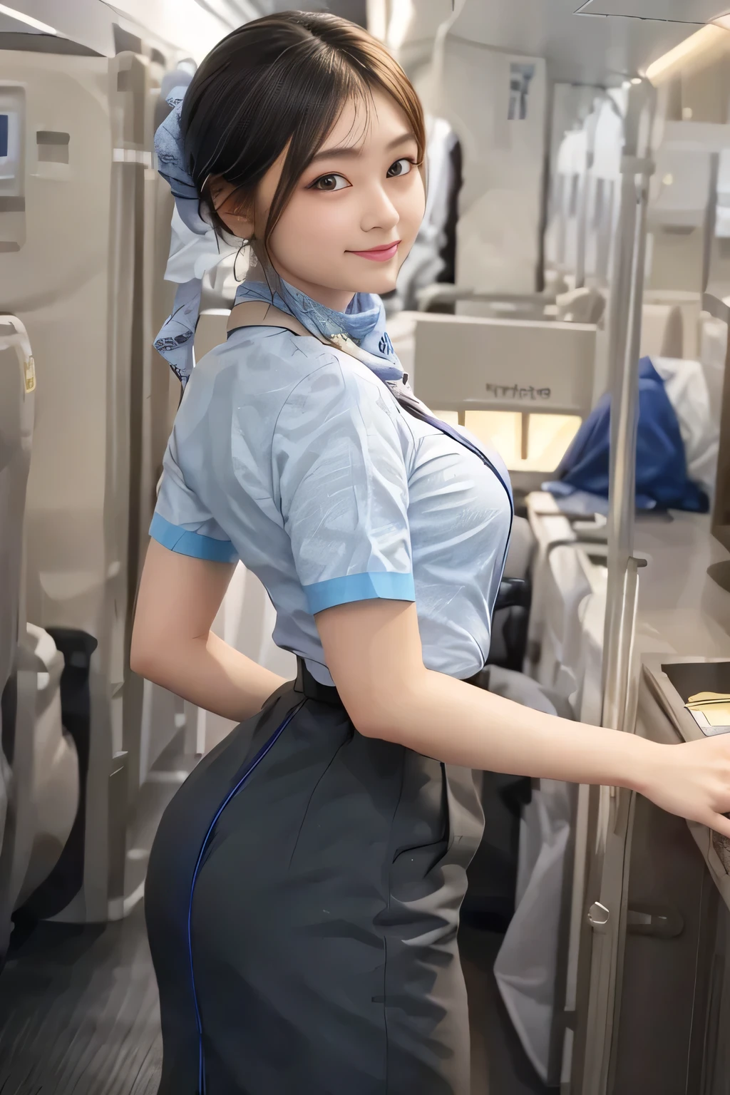 (masterpiece:1.2, Best Quality:1.2), 32K HDR, High Resolution , (Alone、1 girl)、(on board、Professional Lighting)、In-flight background、(ANA flight attendant uniform blueを着たリアルスタイル)、((ANA flight attendant uniform blue short sleeve blouse 、 ANA flight attendant uniform blue skirt with blue line on the back、Scarf around the neck))、Dark brown hair、(Long Hair、Hair tied up、Hair tied up)、Dark brown hair、 long shot、Big Breasts、Thin legs、((Great hands:2.0)),(( Harmonious body proportions:1.5)),((Normal limbs:2.0)),((Normal finger:2.0)),((Delicate eyes:2.0)),((Normal eyes:2.0)))、smile、(ANA flight attendant uniform blueを見せた美しい後ろ姿)、Hands down