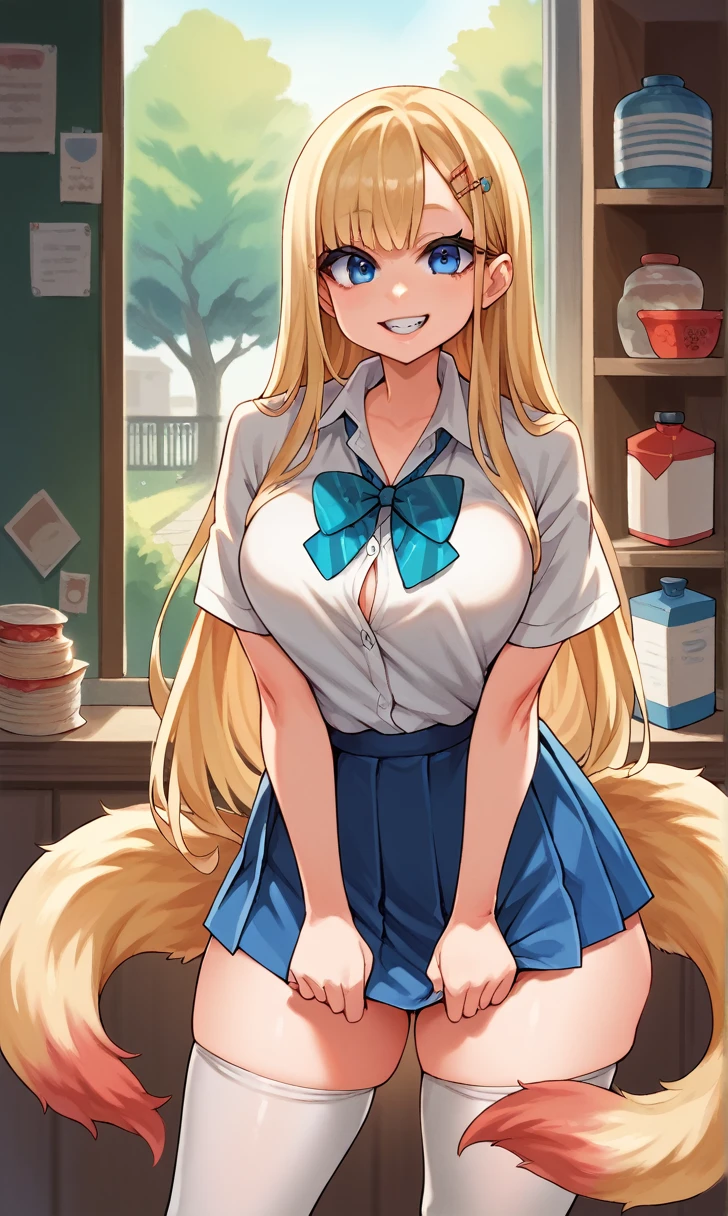  score_9, score_8_up, score_7_up, score_6_up, score_5_up, score_4_up,(sauce_Anime), 1 girl,Alone,Long Hair,chest, viewers in a cute room,smile, in the pub,blue eyes,skirt,Blonde,shirt,Thighs丈, Twin Tail,very Long Hair,School uniform,Thighs,pleated skirt,tooth,huge chest,white Thighs丈,blue skirt,Skin Pattern,thick Thighs,tented shirt, colorful lashes,School,