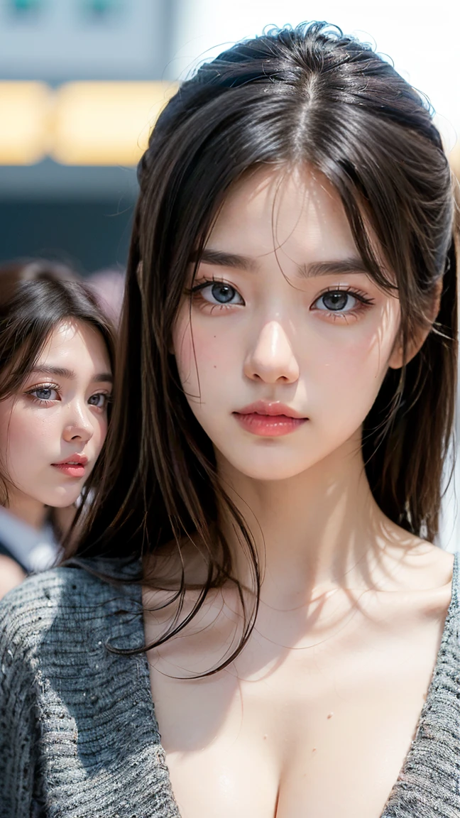 (best quality, 8k, 32k, masterpiece, UHD:1.2), ultra high resolution, (pretty a Korean early  girl), 13 yautiful detailed eyes, dark make-up, semi long brown hair, bangs, portrait, (crowded city boulevard on a bright sunny day:1.2), (detailed background:1.5)