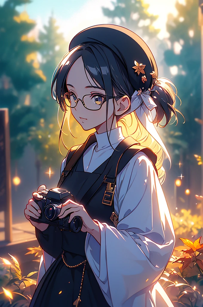 (High resolution, accurate, Best Quality, Anatomically correct, masterpiece), 1 beautiful woman, autumn dusk, black long hiar, beret, glasses, holding a camera and taking a picture, autumn, Backlight, lens flare, Bokeh