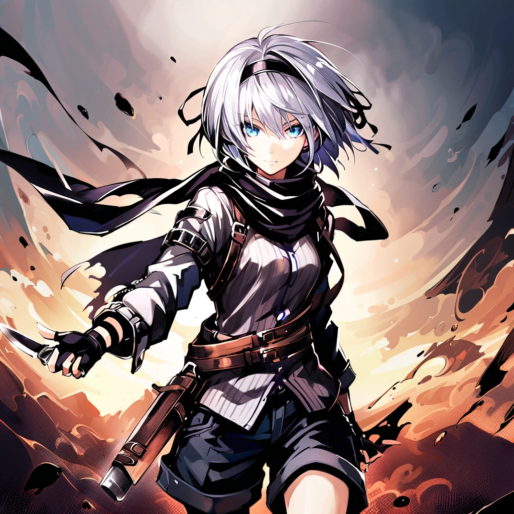  1 girl, Alone, Gray Hair, short hair, knife, Alternate Costumes, Hairbands, blue eyes, black Hairbands, scarf,  fingerless gloves, ribbon, gloves,  shorts , hair ribbon,  upper body,