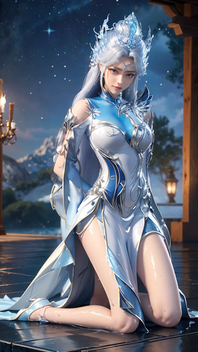 masterpiece, rest, best quality, Very detailed, Super real, 16K, high resolution, castle,snow, ((Starry Sky)),Female Mage,Gorgeous armor,Complex Mode,Large Breasts,Pretty Face,Closed mouth,dramatic,Medium distance photography,Glowing scepter
